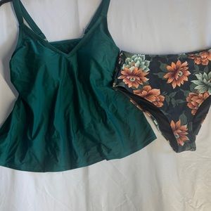 Green tankini and floral high waist bottom swim suit set